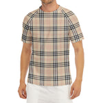 Beige Tartan Pattern Print Men's Short Sleeve Rash Guard