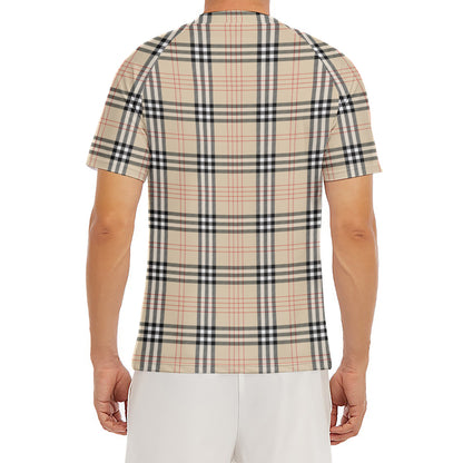 Beige Tartan Pattern Print Men's Short Sleeve Rash Guard