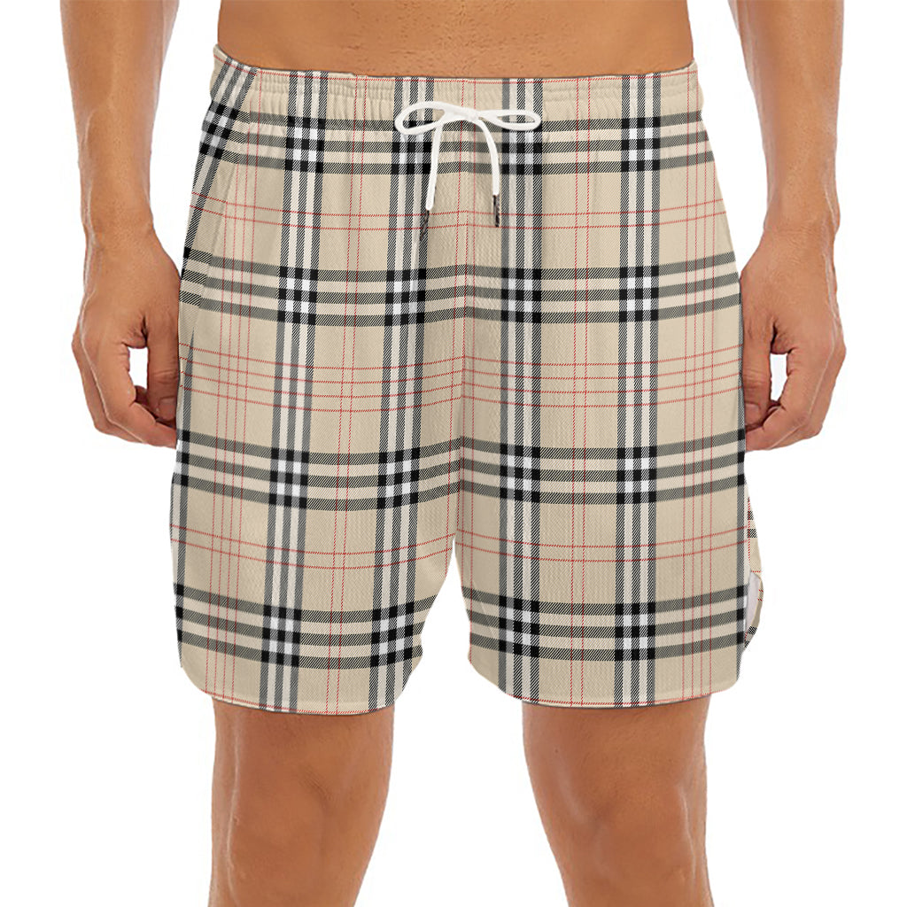 Beige Tartan Pattern Print Men's Split Running Shorts