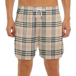 Beige Tartan Pattern Print Men's Split Running Shorts