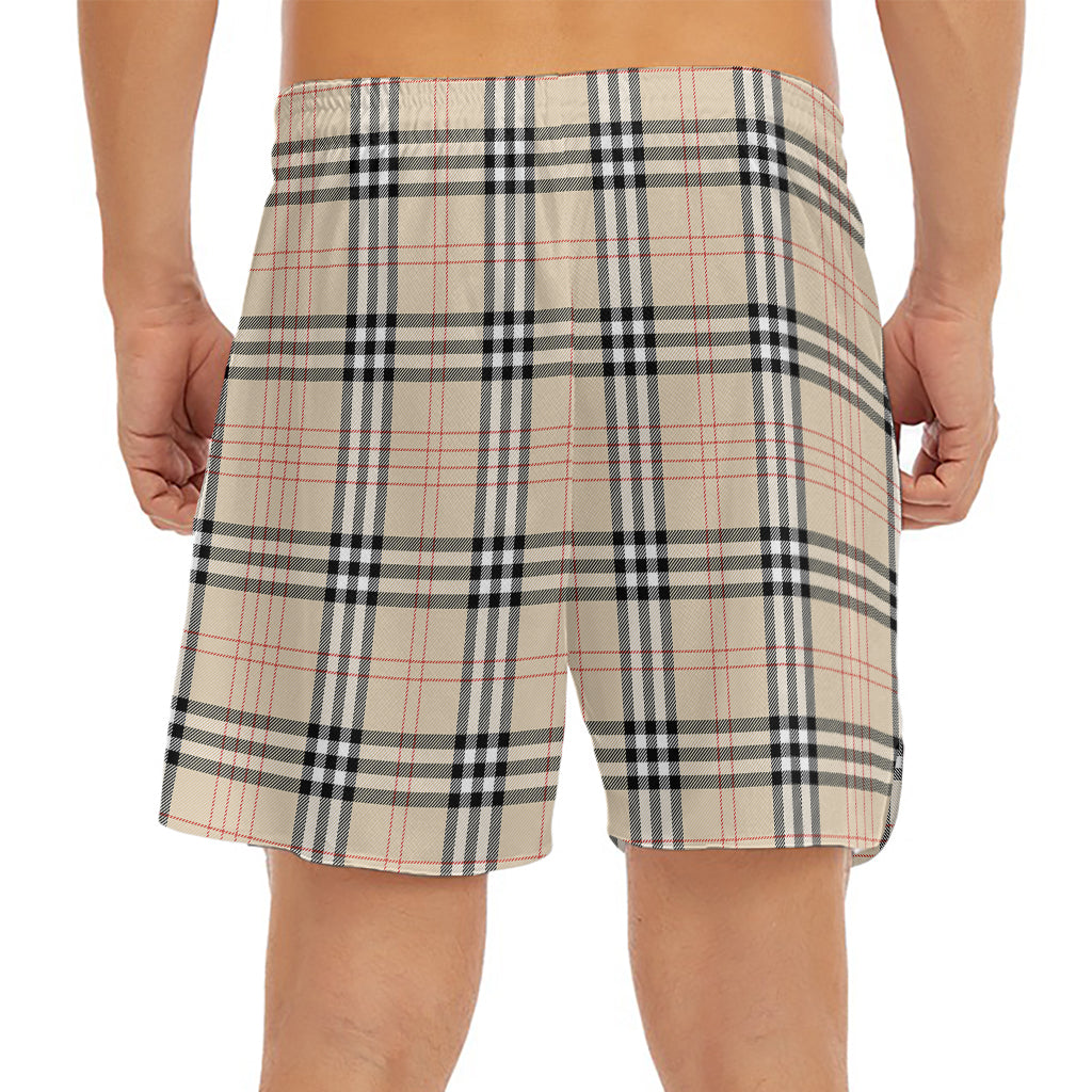 Beige Tartan Pattern Print Men's Split Running Shorts