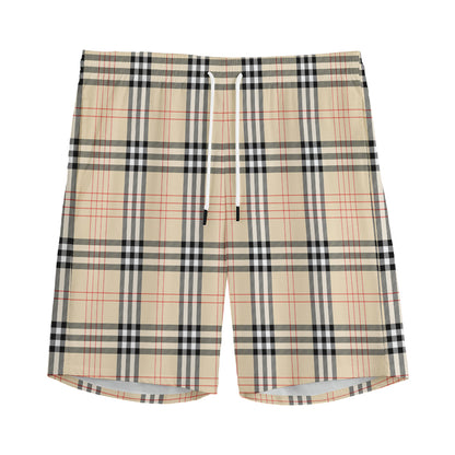 Beige Tartan Pattern Print Men's Sports Shorts
