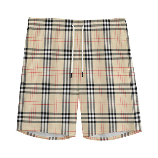 Beige Tartan Pattern Print Men's Sports Shorts