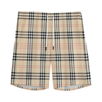 Beige Tartan Pattern Print Men's Sports Shorts