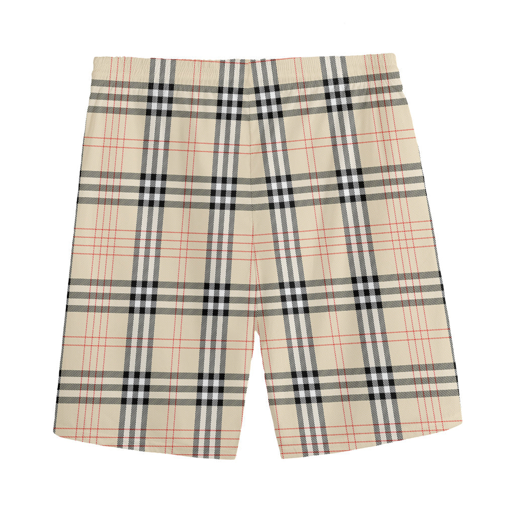 Beige Tartan Pattern Print Men's Sports Shorts