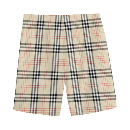 Beige Tartan Pattern Print Men's Sports Shorts