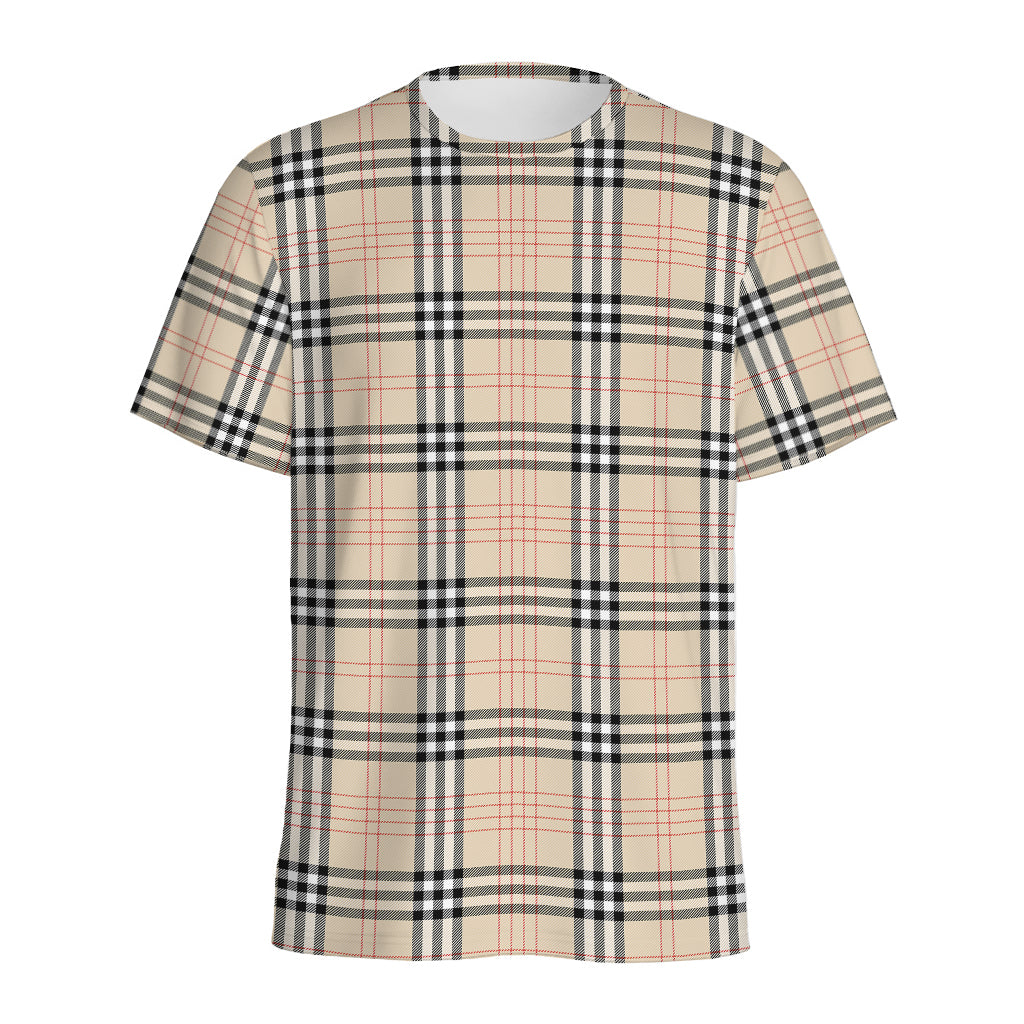 Beige Tartan Pattern Print Men's Sports T-Shirt