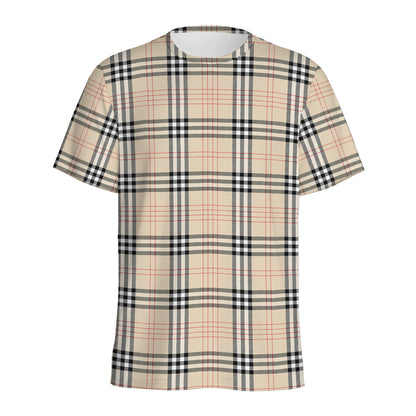 Beige Tartan Pattern Print Men's Sports T-Shirt