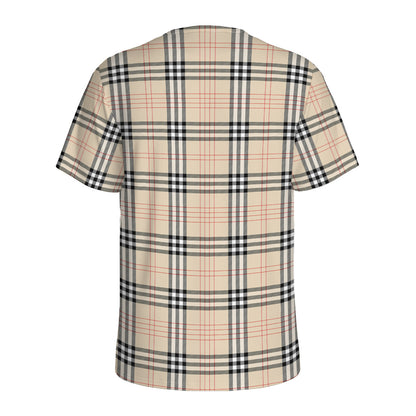 Beige Tartan Pattern Print Men's Sports T-Shirt