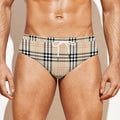 Beige Tartan Pattern Print Men's Swim Briefs