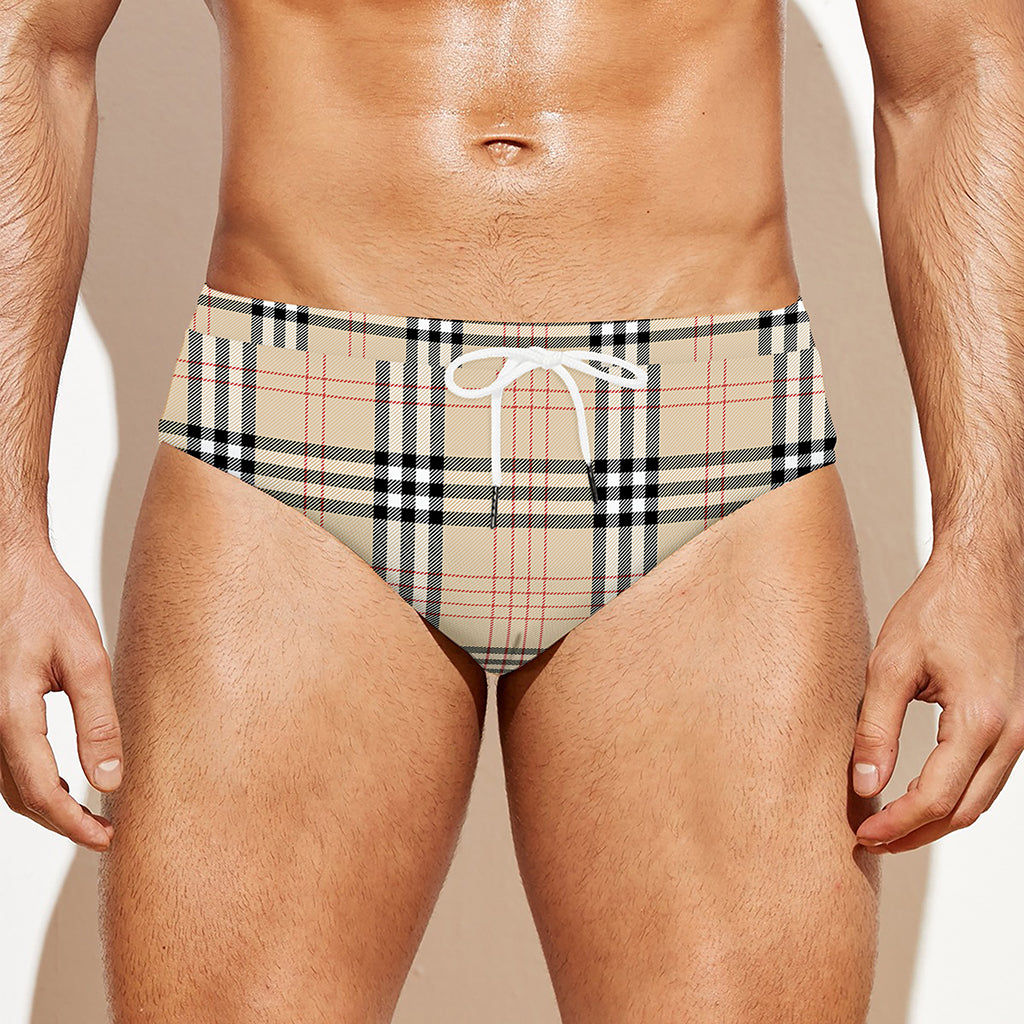 Beige Tartan Pattern Print Men's Swim Briefs