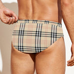 Beige Tartan Pattern Print Men's Swim Briefs