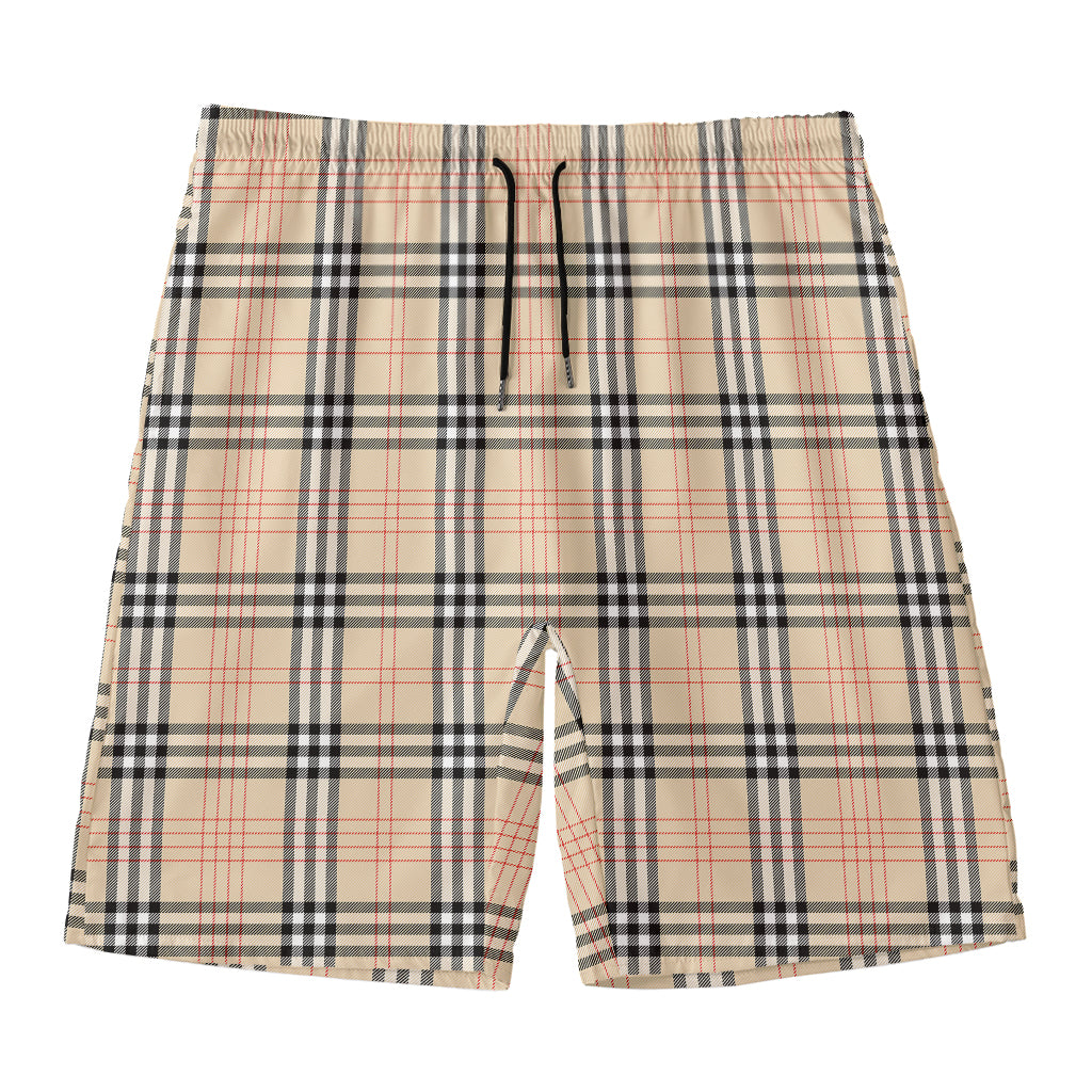 Beige Tartan Pattern Print Men's Swim Trunks