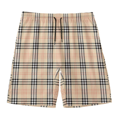 Beige Tartan Pattern Print Men's Swim Trunks