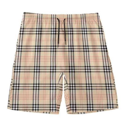 Beige Tartan Pattern Print Men's Swim Trunks