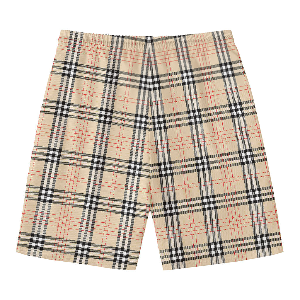Beige Tartan Pattern Print Men's Swim Trunks