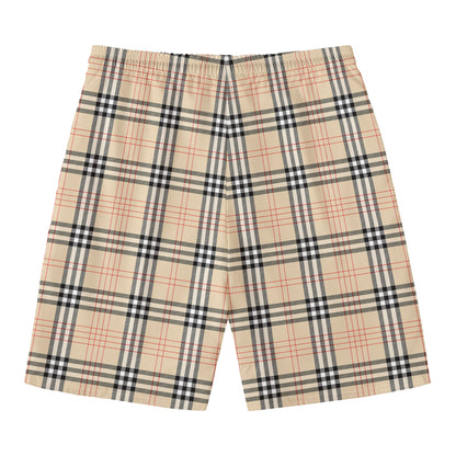 Beige Tartan Pattern Print Men's Swim Trunks