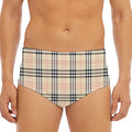 Beige Tartan Pattern Print Men's Triangle Swim Briefs