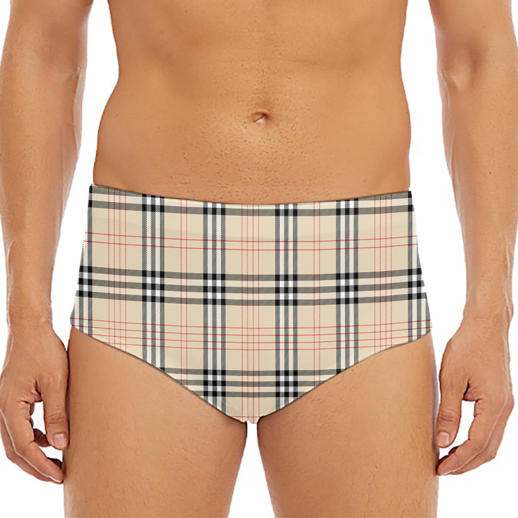 Beige Tartan Pattern Print Men's Triangle Swim Briefs