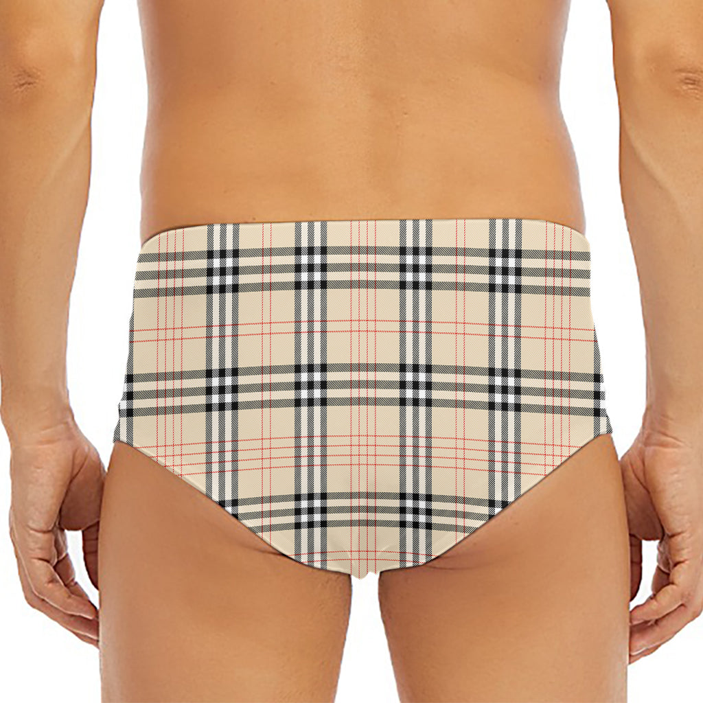Beige Tartan Pattern Print Men's Triangle Swim Briefs