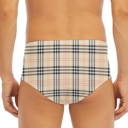 Beige Tartan Pattern Print Men's Triangle Swim Briefs
