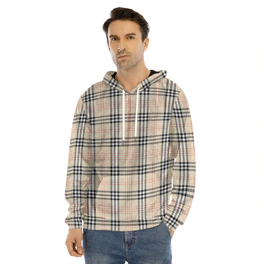 Beige Tartan Pattern Print Men's Velvet Pullover Hoodie