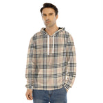 Beige Tartan Pattern Print Men's Velvet Pullover Hoodie