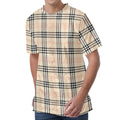 Beige Tartan Pattern Print Men's Velvet T-Shirt