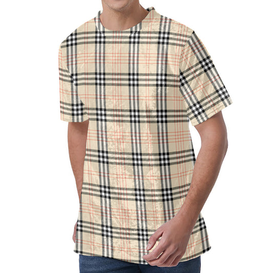 Beige Tartan Pattern Print Men's Velvet T-Shirt