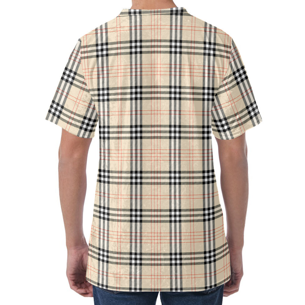 Beige Tartan Pattern Print Men's Velvet T-Shirt