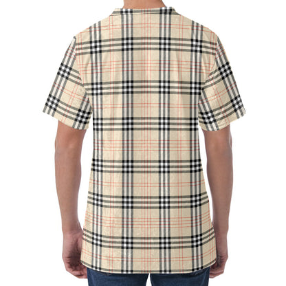 Beige Tartan Pattern Print Men's Velvet T-Shirt