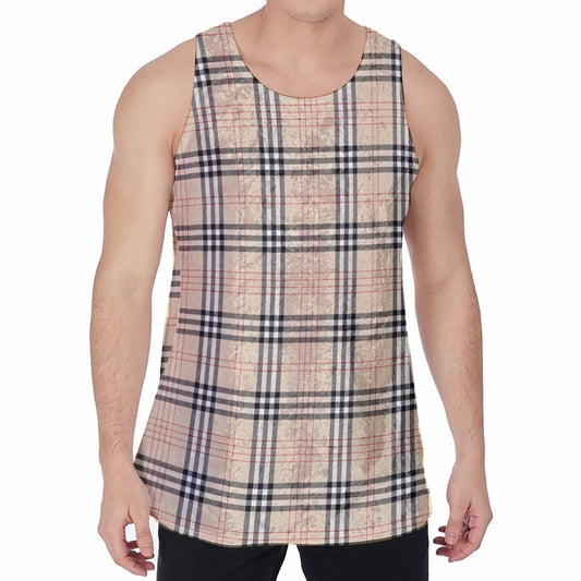 Beige Tartan Pattern Print Men's Velvet Tank Top