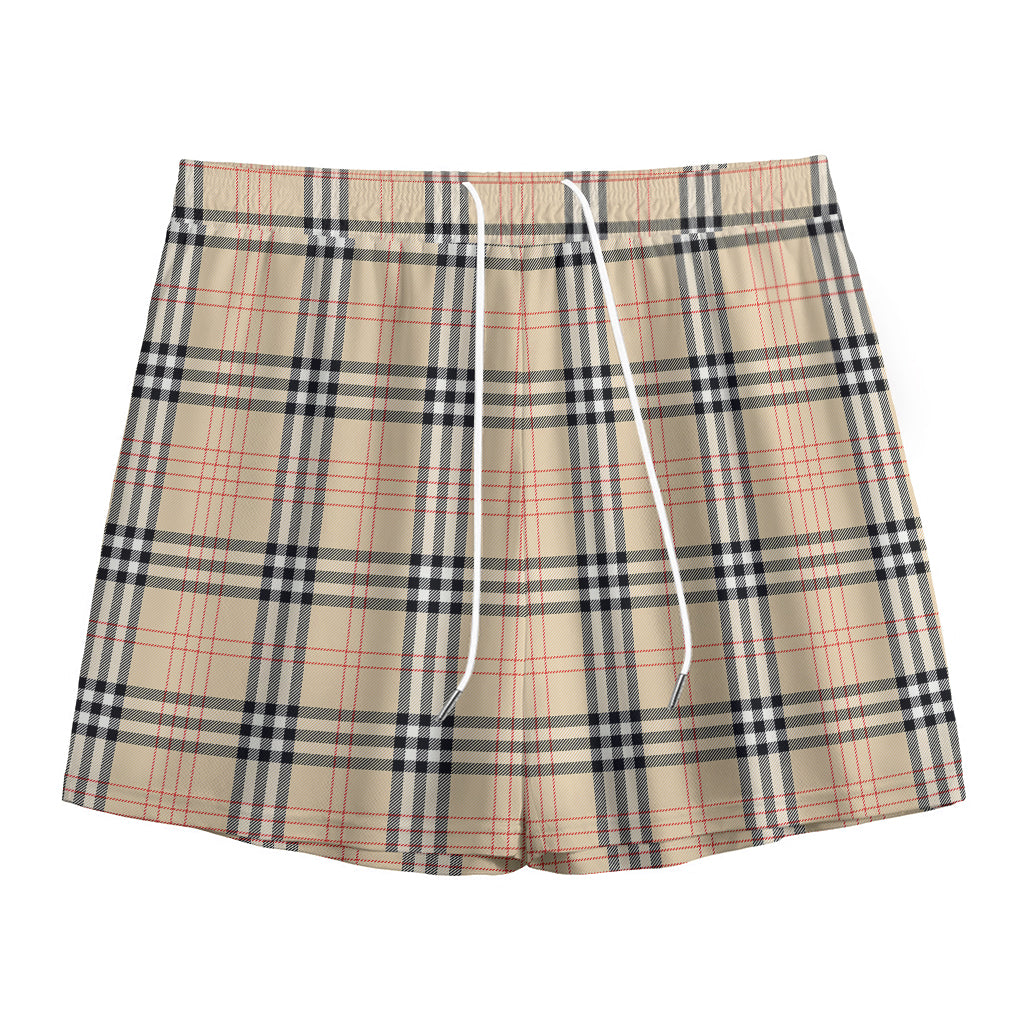 Beige Tartan Pattern Print Mesh Shorts