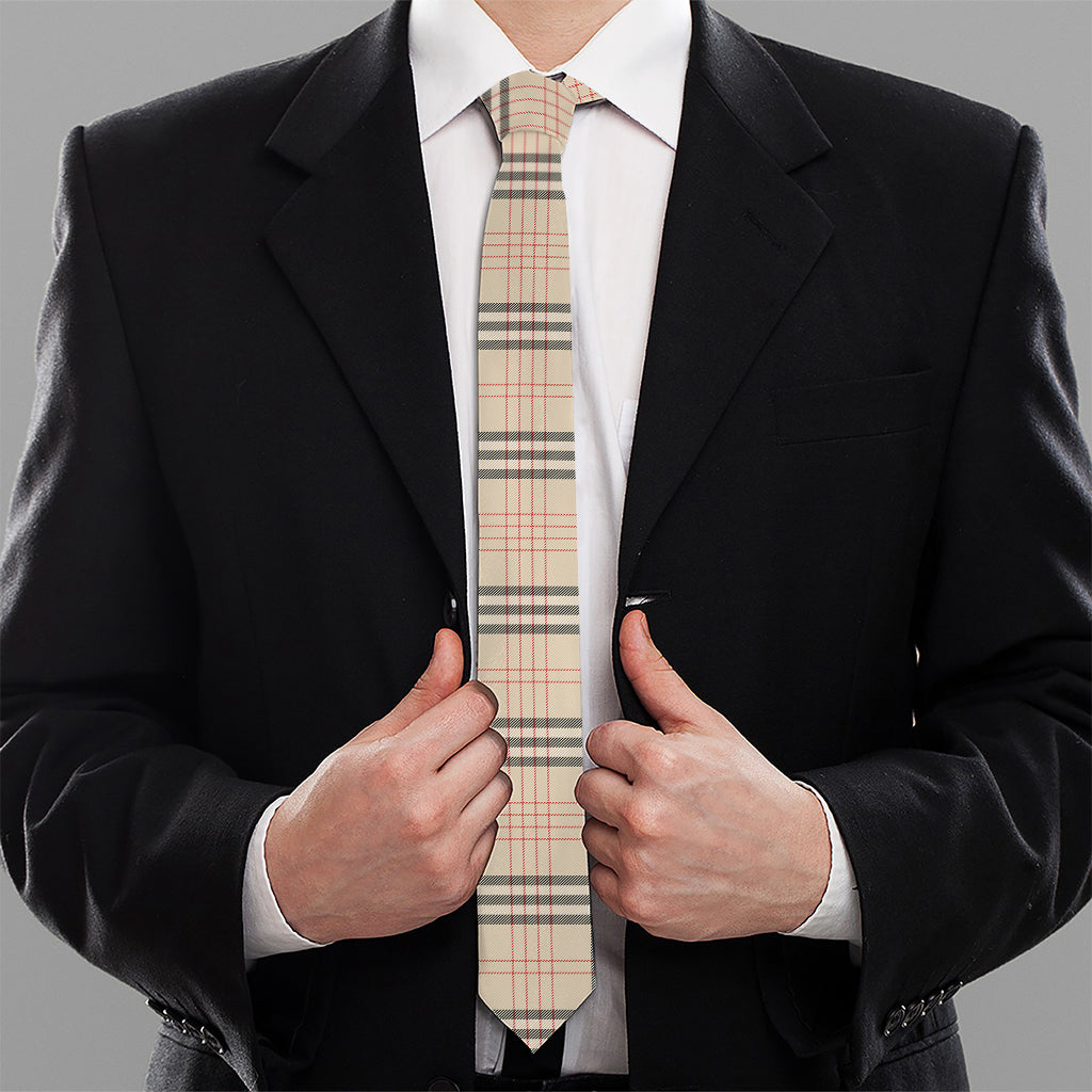 Beige Tartan Pattern Print Necktie