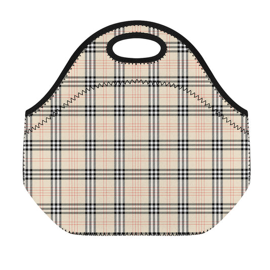 Beige Tartan Pattern Print Neoprene Lunch Bag