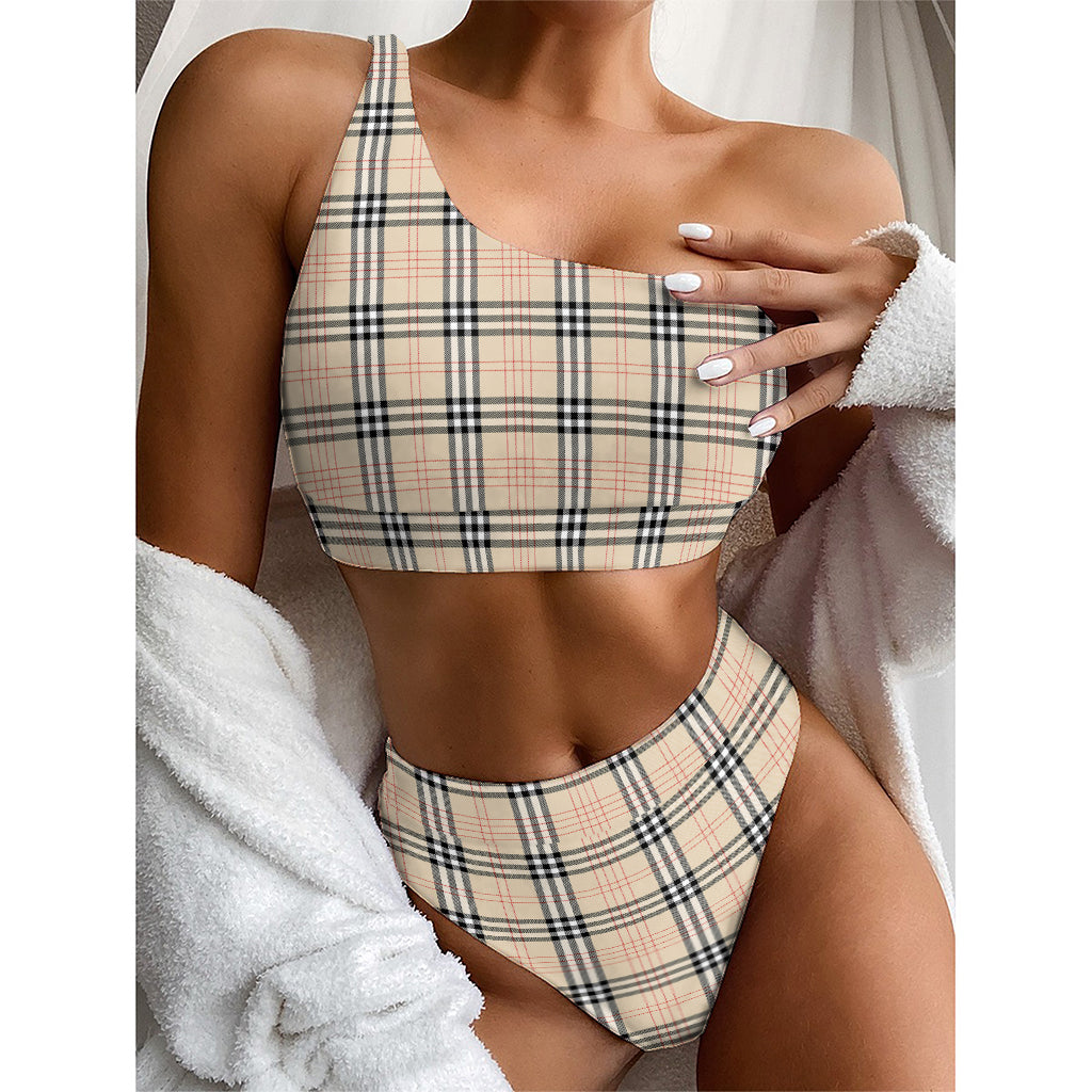 Beige Tartan Pattern Print One Shoulder Bikini Top