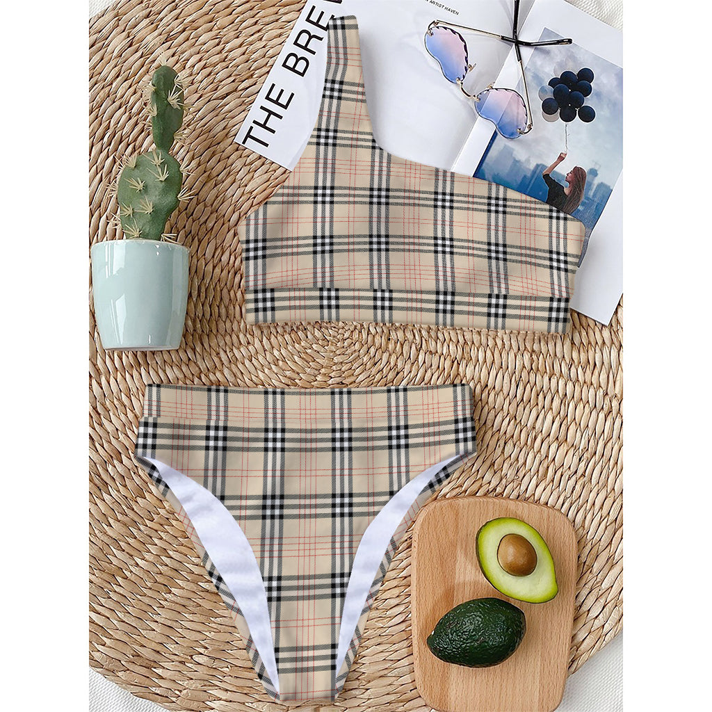 Beige Tartan Pattern Print One Shoulder Bikini Top