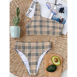 Beige Tartan Pattern Print One Shoulder Bikini Top