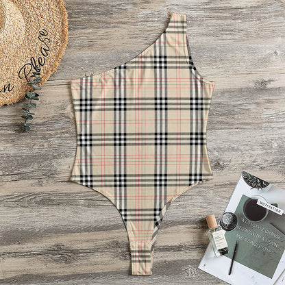 Beige Tartan Pattern Print One Shoulder Bodysuit