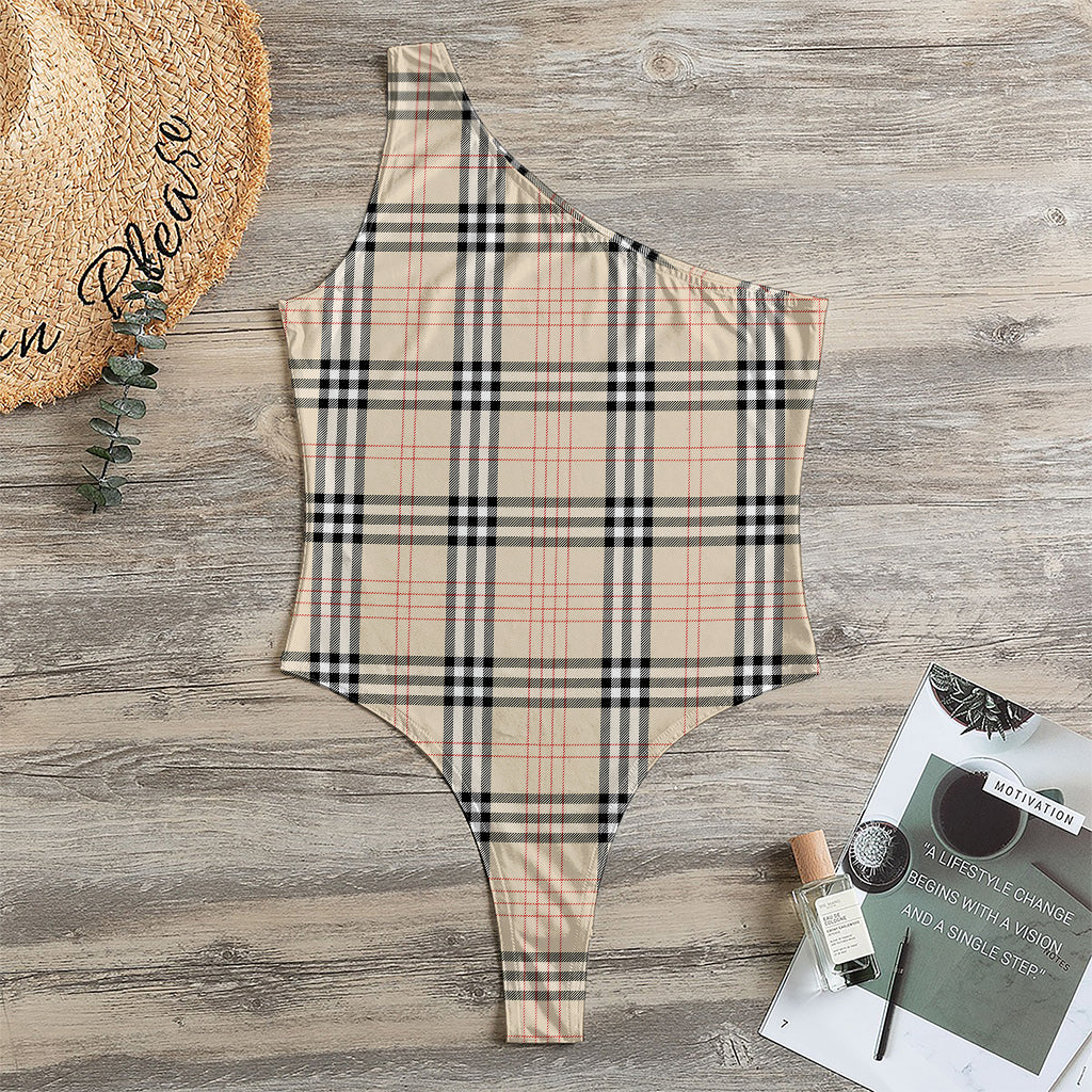 Beige Tartan Pattern Print One Shoulder Bodysuit