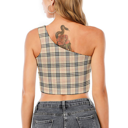 Beige Tartan Pattern Print One Shoulder Crop Top