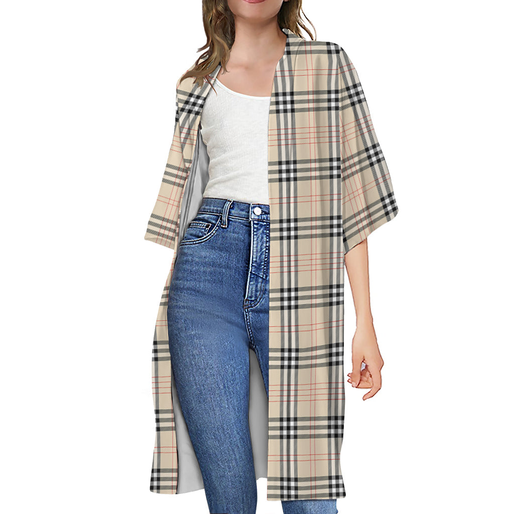 Beige Tartan Pattern Print Open Front Beach Cover Up