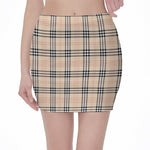 Beige Tartan Pattern Print Pencil Mini Skirt