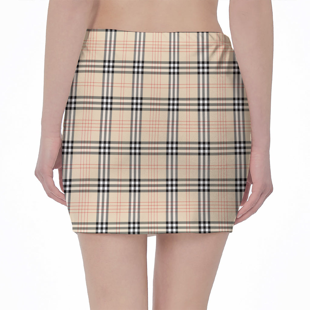 Beige Tartan Pattern Print Pencil Mini Skirt