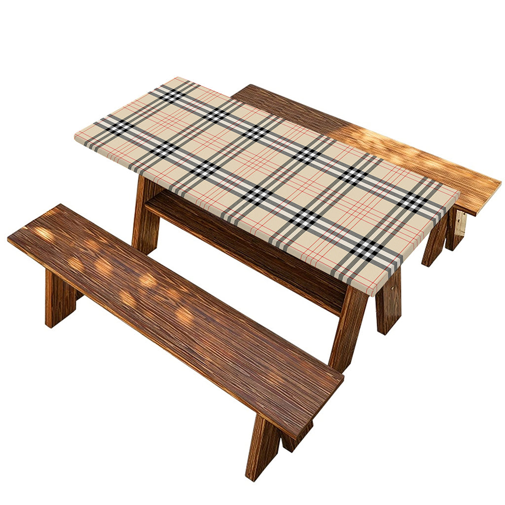 Beige Tartan Pattern Print Picnic Table Cover