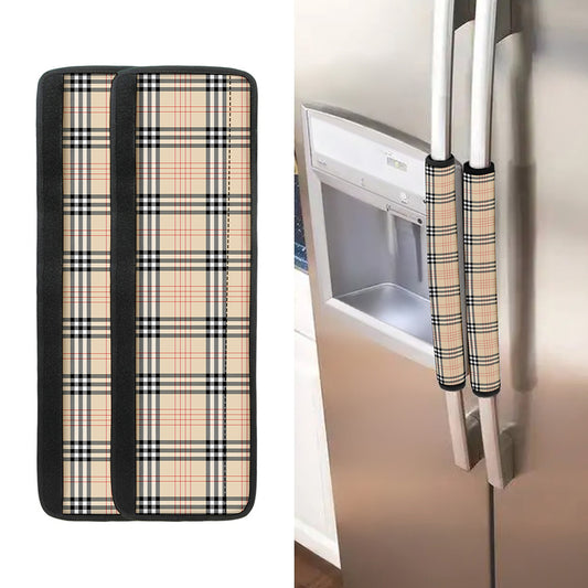 Beige Tartan Pattern Print Refrigerator Handle Covers