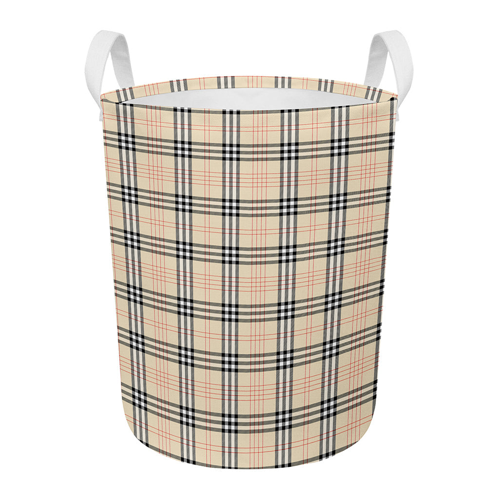 Beige Tartan Pattern Print Round Laundry Basket