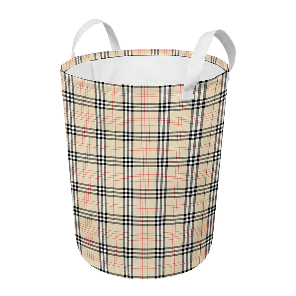 Beige Tartan Pattern Print Round Laundry Basket