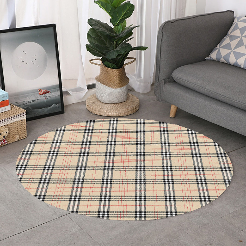 Beige Tartan Pattern Print Round Rug