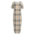 Beige Tartan Pattern Print Short Sleeve Long Nightdress